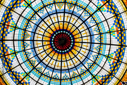 colorful mosaic, architecture symmetric, stained glass ceiling