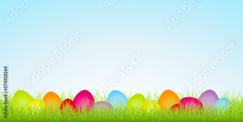 Banner 14 Bunte Ostereier Regenbogenfarben In Wiese Himmel