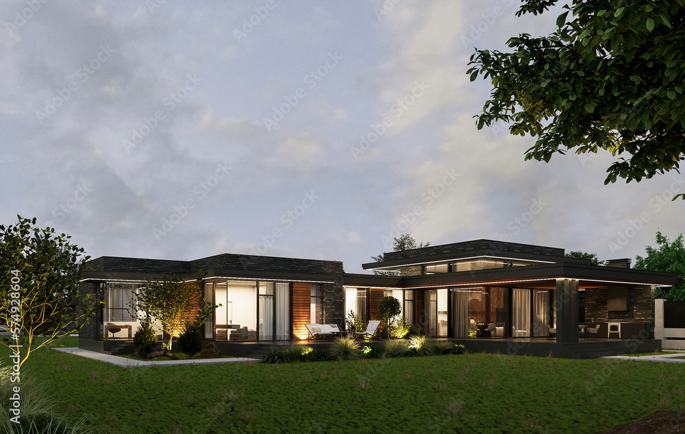 Modern one-story house with a flat roof and a terrace. Evening illumination. Beautiful landscaping. 3D visualization Modern one-story house with a flat roof and a terrace. Evening illumination. Beautiful landscaping. 3D visualization