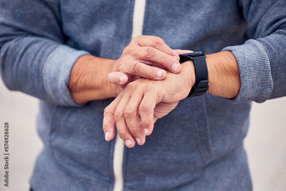 Smart watch, man hands and sports exercise outdoor for fitness, runner training or running wellness. Closeup of stopwatch, person and workout time of heart rate, monitor healthy progress and data app Smart watch, man hands and sports exercise outdoor for fitness, runner training or running wellness. Closeup of stopwatch, person and workout time of heart rate, monitor healthy progress and data app