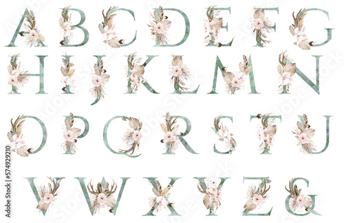Watercolor green letters with antlers, dried leaves and tropical flowers bouquet, Boho illustration photo