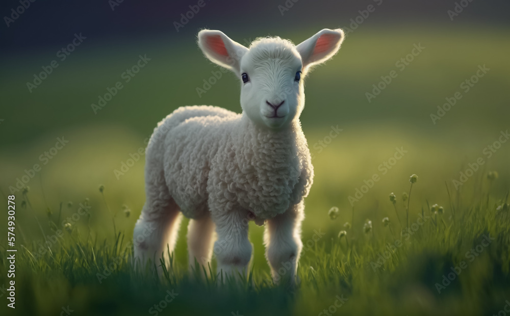 Fototapeta premium Cute Easter Lamb on green meadow grass in soft morning light. Shallow depth of field, Generative AI.