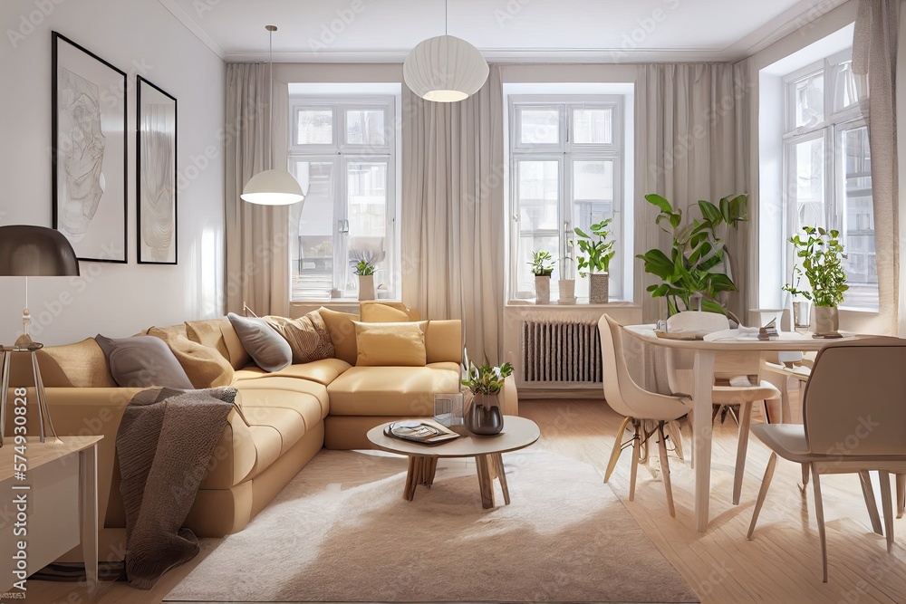 Fototapeta premium Stylish scandinavian living room with design mint sofa, furnitures, mock up poster map, plants and elegant personal accessories. Modern home decor. Bright and sunny room. Generative AI illustration.