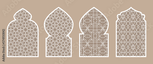 Collection of Islamic windows and arches in the Oriental Ramadan style with a modern design. Texture on the windows. Islam, India, Eastern countries. A set of windows and doorways of different colors