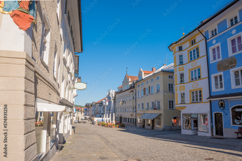 historic old town Bad Tolz, pedestrian zone with beautiful houses and shops