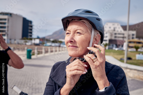 Thinking, senior and woman ready for cycling, fitness and retirement fun in the city of Germany. Sports, training and an elderly lady thinking to start a bicycle ride for eco friendly exercise