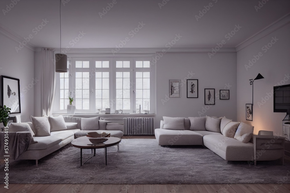 Stylish scandinavian living room with design mint sofa, furnitures, mock up poster map, plants and elegant personal accessories. Modern home decor. Bright and sunny room. Generative AI illustration. Stylish scandinavian living room with design mint sofa, furnitures, mock up poster map, plants and elegant personal accessories. Modern home decor. Bright and sunny room. Generative AI illustration.