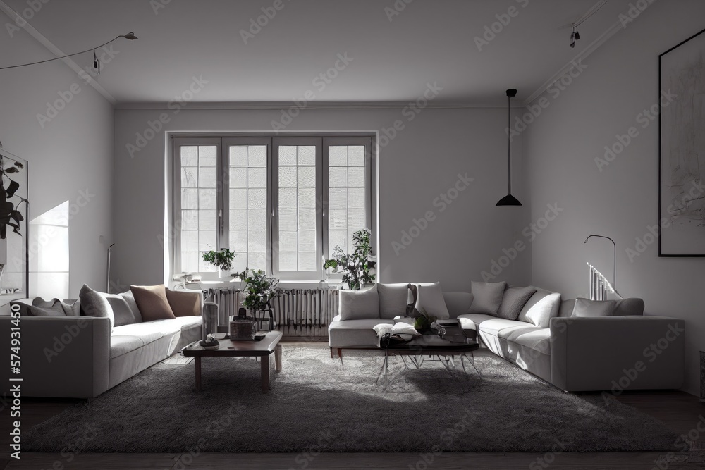 Fototapeta premium Stylish scandinavian living room with design mint sofa, furnitures, mock up poster map, plants and elegant personal accessories. Modern home decor. Bright and sunny room. Generative AI illustration.