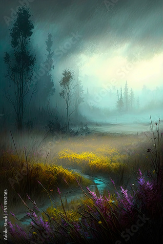 Gloomy meadow. A dark and foreboding meadow. Generative AI