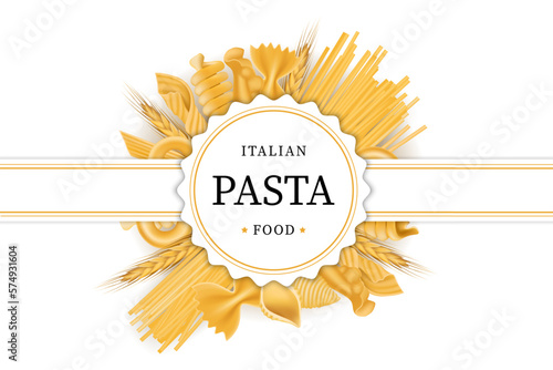 Realistic Italian pasta. Macaroni frame. Raw and dry wheat products for cook menu. Kitchen food. Cuisine of Italy. 3D farfalle and spaghetti. Circle border. Vector isolated illustration