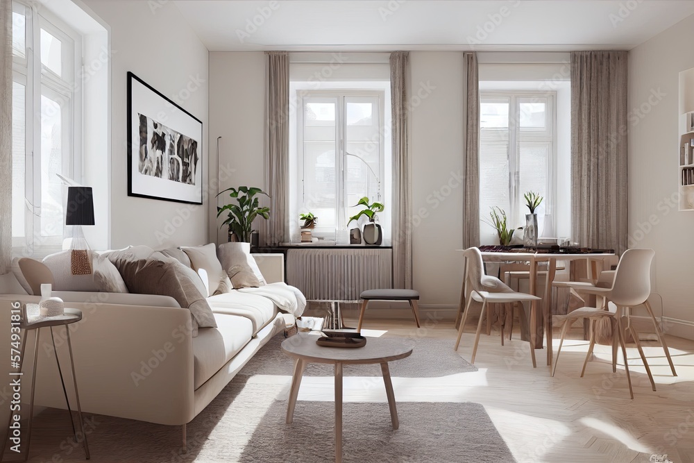 Fototapeta premium Stylish scandinavian living room with design mint sofa, furnitures, mock up poster map, plants and elegant personal accessories. Modern home decor. Bright and sunny room. Generative AI illustration.