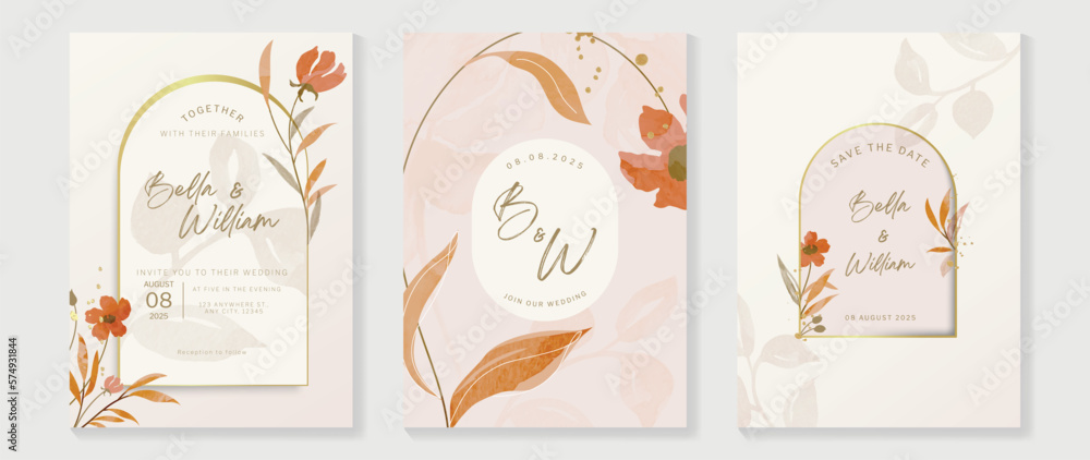 Luxury wedding invitation card background vector. Elegant watercolor botanical floral leaf branch and geometric arch gold frame texture. Design illustration for wedding and vip cover template, banner.