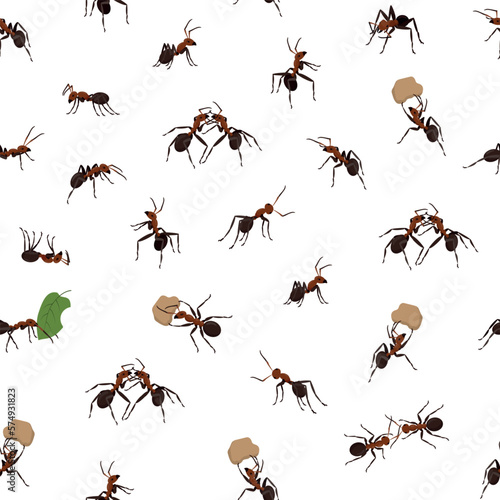 Ant pattern, abstract insects. Realistic isolated elements, summer nature animals, Garden termites silhouette wallpaper. Decor textile, wrapping paper. Vector current seamless background