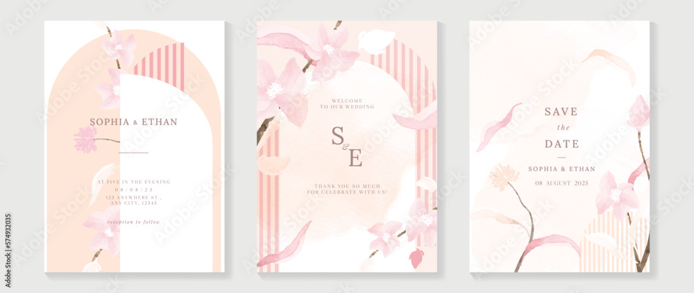 Luxury wedding invitation card background vector. Elegant watercolor botanical pastel pink beige theme wildflowers and striped texture. Design illustration for wedding and vip cover template, banner.