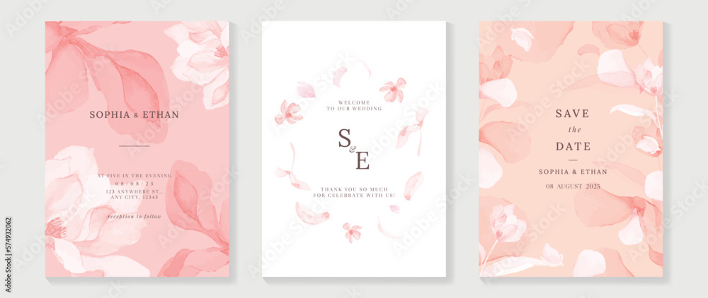 Luxury wedding invitation card background vector. Elegant watercolor botanical pastel pink, beige, earth tone theme wildflowers texture. Design illustration for wedding and vip cover template, banner.