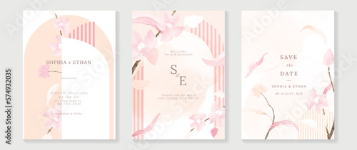 Luxury wedding invitation card background vector. Elegant watercolor botanical pastel pink beige theme wildflowers and striped texture. Design illustration for wedding and vip cover template  banner.