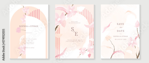 Luxury wedding invitation card background vector. Elegant watercolor botanical pastel pink beige theme wildflowers and striped texture. Design illustration for wedding and vip cover template, banner.