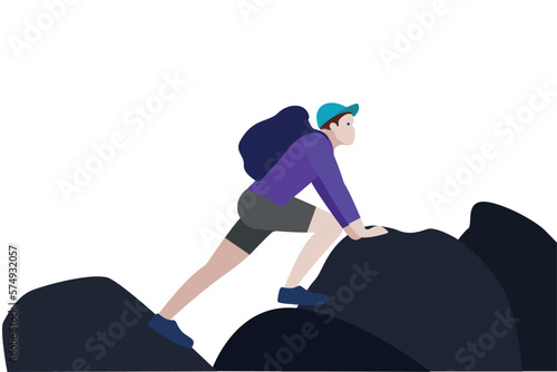 Vector man adventurer sky-running in mountains with backpack flat design.
