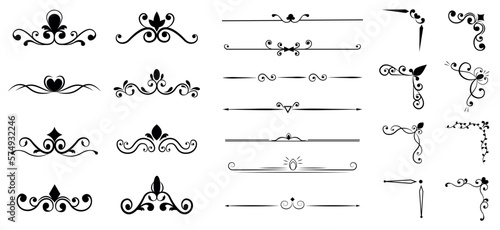 Retro filigree borders, ornament frames. Abstract art decoration, flower elements, vintage victorian ornate. Elegant vignette or arrow underlines. Vector recent design template
