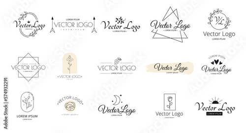 Elegant floral logo, girly scrapbooking logotype. Flower ornament and swash, premade minimalist emblems, feminine monogram. Botanical and geometry labels. Vector recent branding elements set