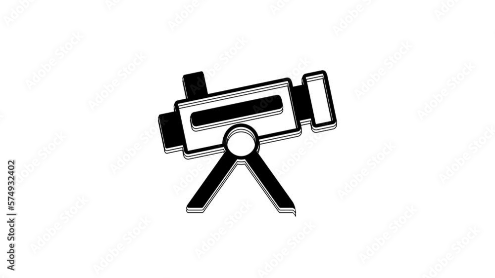 Black Telescope icon isolated on white background. Scientific tool. Education and astronomy element, spyglass and study stars. 4K Video motion graphic animation Black Telescope icon isolated on white background. Scientific tool. Education and astronomy element, spyglass and study stars. 4K Video motion graphic animation