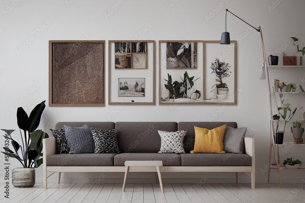 Obraz premium Stylish scandinavian living room with design mint sofa, furnitures, mock up poster map, plants and elegant personal accessories. Modern home decor. Bright and sunny room. Generative AI illustration.
