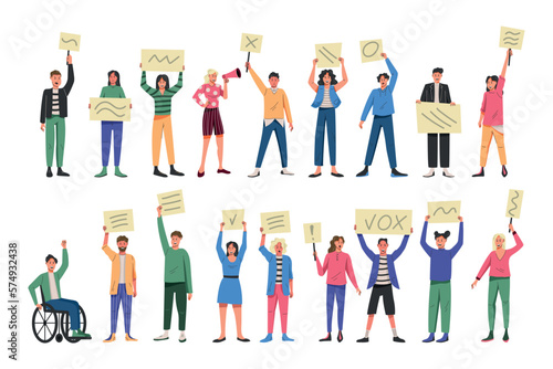 Signing, protest group, social communication and activities. Citizen political awareness, child and kids for justice. Vector garish diversity activists, cartoon flat isolated illustration
