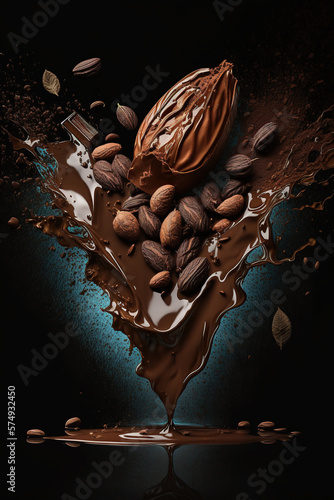 Splashing and levitation chocolate pieces and candies on black background, crushed cocoa powder carob or cocoa beans AI Generative
