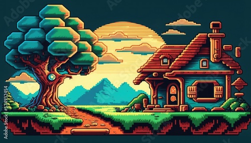 House in the forest pixel art style, generative ai