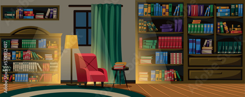 Retro night library interior. Reading books. Studying in old university. Dark antique architecture room. Bookshelf and armchair. Wooden cabinets and lamps. Vector garish cozy image