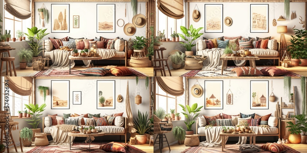 Stylish scandinavian living room with design mint sofa, furnitures, mock up poster map, plants and elegant personal accessories. Modern home decor. Bright and sunny room. Generative AI illustration.