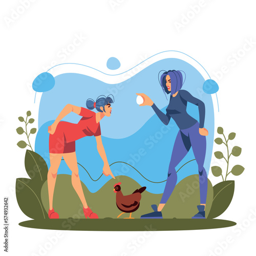 Disagreement argument. Furious controversy. Business office. Corporate meeting time. Chicken or egg. People misunderstanding. Women quarrel. Angry discussion. Vector illustration concept