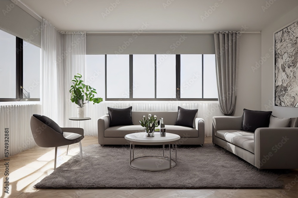 Fototapeta premium Stylish scandinavian living room with design mint sofa, furnitures, mock up poster map, plants and elegant personal accessories. Modern home decor. Bright and sunny room. Generative AI illustration.