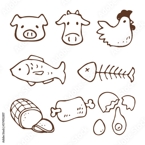 手描き風アイコン　肉・魚・卵