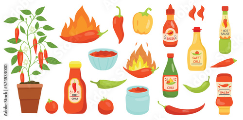 Hot chilly sauce. Spicy pepper. Seasoning chilli food. Spice jalapeno. Mexican cuisine. Cayenne or habanero. Plant in pot. Paprika condiments set. Vector doodle nowaday illustrations