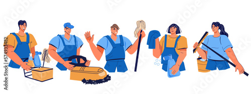Cleaning company staff characters vector illustration isolated on white background. Professional cleaning service.