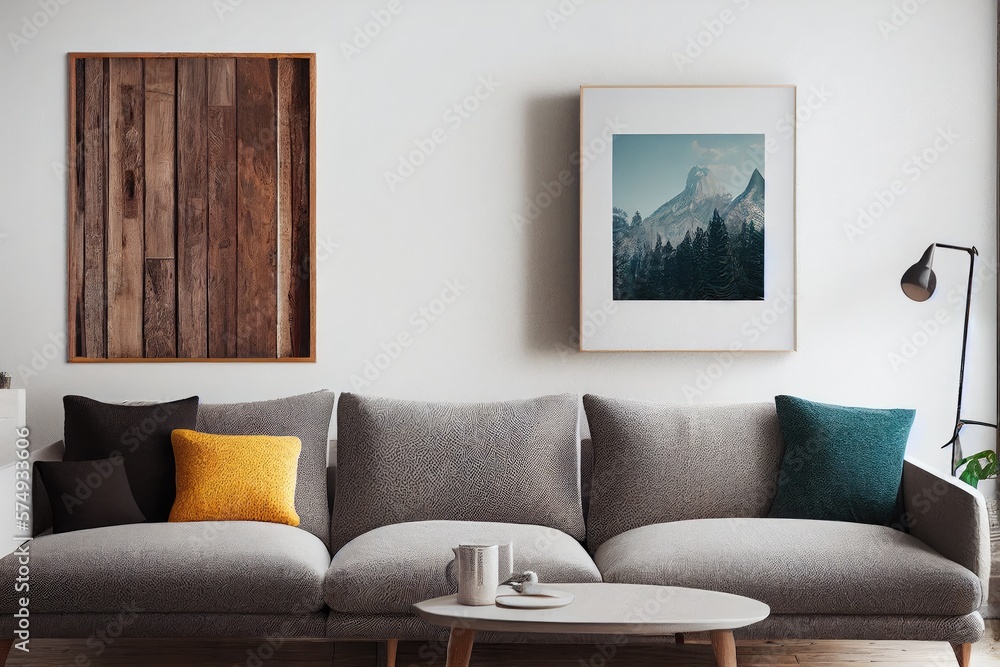Fototapeta premium Stylish scandinavian living room with design mint sofa, furnitures, mock up poster map, plants and elegant personal accessories. Modern home decor. Bright and sunny room. Generative AI illustration.
