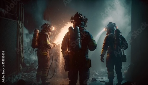 firefighters spraying high pressure water to fire, Generative AI