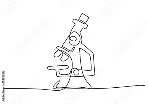 Hand drawing one single continuous line of microscope science theme isolated on white background.