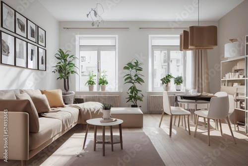 Stylish scandinavian living room with design mint sofa, furnitures, mock up poster map, plants and elegant personal accessories. Modern home decor. Bright and sunny room. Generative AI illustration.