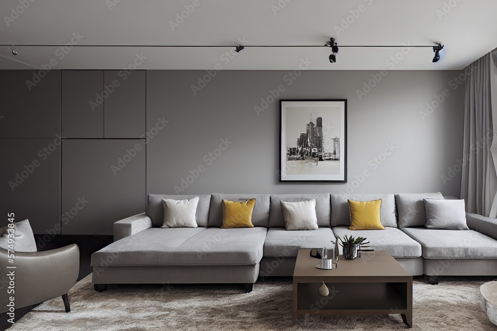 Obraz premium Stylish scandinavian living room with design mint sofa, furnitures, mock up poster map, plants and elegant personal accessories. Modern home decor. Bright and sunny room. Generative AI illustration.