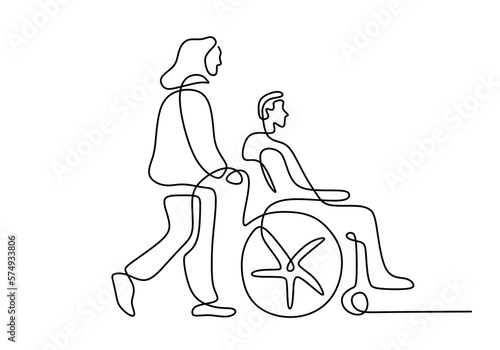 One line drawing of mature couple and wheel chair isolated on white background.