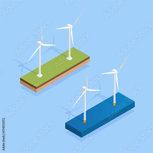 Modern isometric wind turbines, great design for any purposes. Renewable clean energy. Alternative power. Energy power technology. 3d-illustration. Vector illustration set.