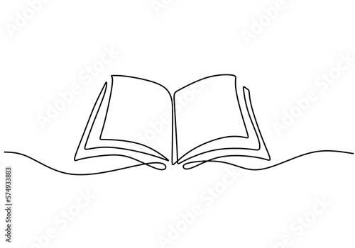 One line drawing of opened book isolated on white background.