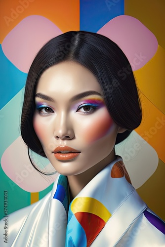 AI generated portrait of fashionable asian model with bright modern makeup and body painting © DyrElena