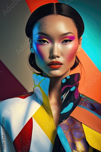 AI generated portrait of fashionable asian model with bright modern makeup and body painting © DyrElena