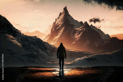 lonely traveler with mountain background, image generated using Ai technology