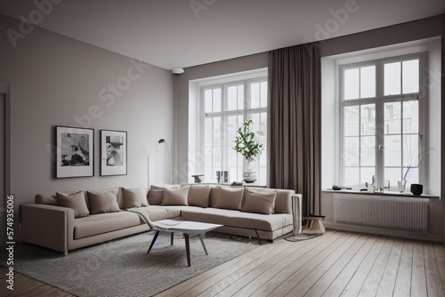 Stylish scandinavian living room with design mint sofa  furnitures  mock up poster map  plants and elegant personal accessories. Modern home decor. Bright and sunny room. Generative AI illustration.