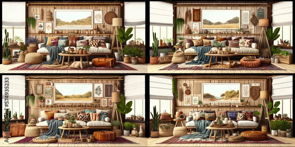 Stylish scandinavian living room with design mint sofa, furnitures, mock up poster map, plants and elegant personal accessories. Modern home decor. Bright and sunny room. Generative AI illustration. Stylish scandinavian living room with design mint sofa, furnitures, mock up poster map, plants and elegant personal accessories. Modern home decor. Bright and sunny room. Generative AI illustration.