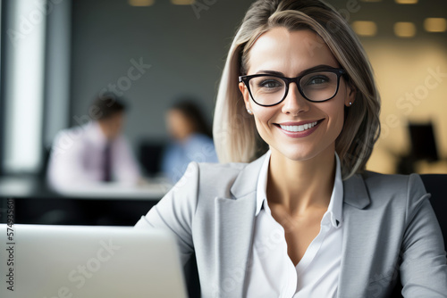 Young successful woman smiling in modern office. AI generative illustration.